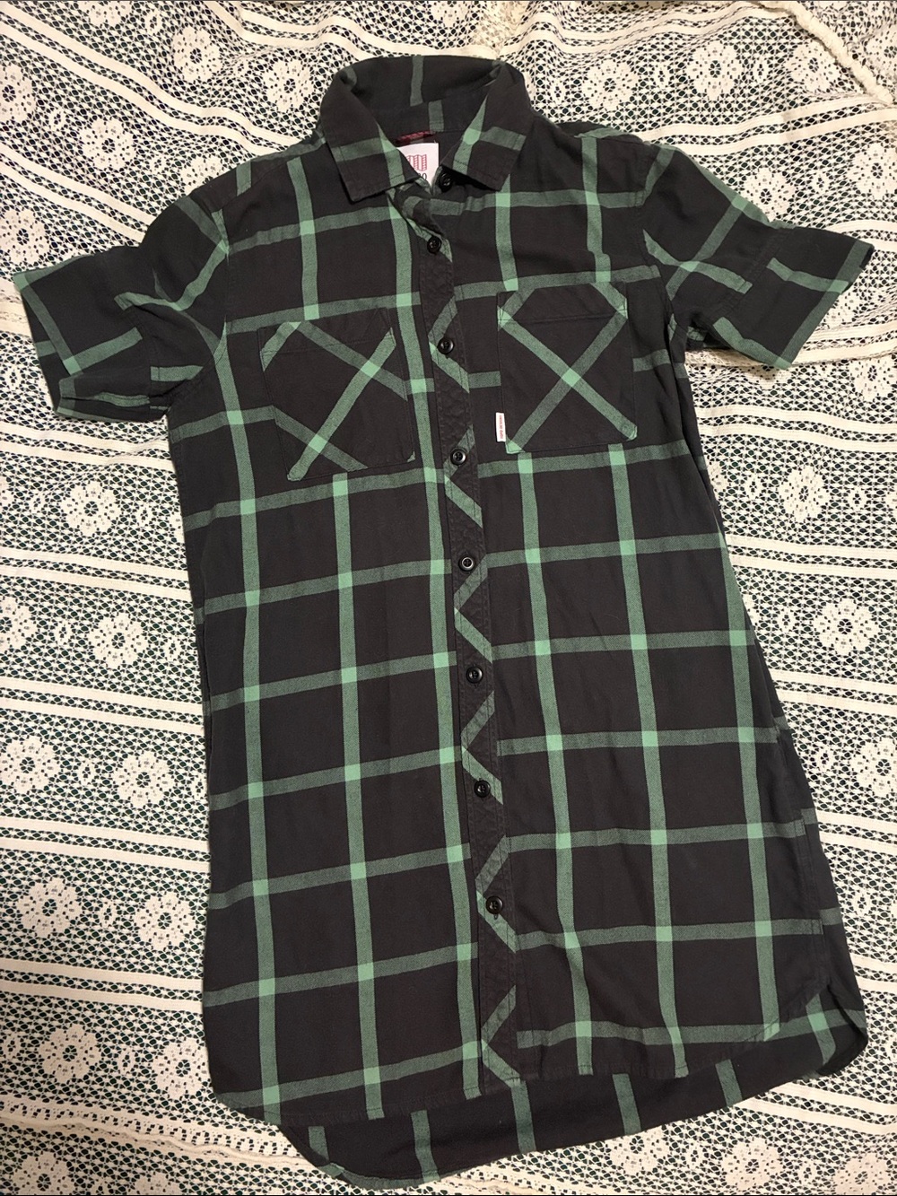 Topo Designs Black Short-Sleeve Button-Down Dress with Green Windowpane Check